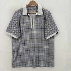 Tattoo Golf Shirt Mens Medium Gray Blue Plaid Quarter Zip Golf Skull Logo Polo